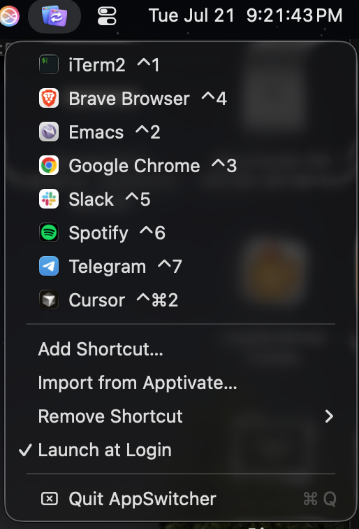 AppSwitcher menu bar menu